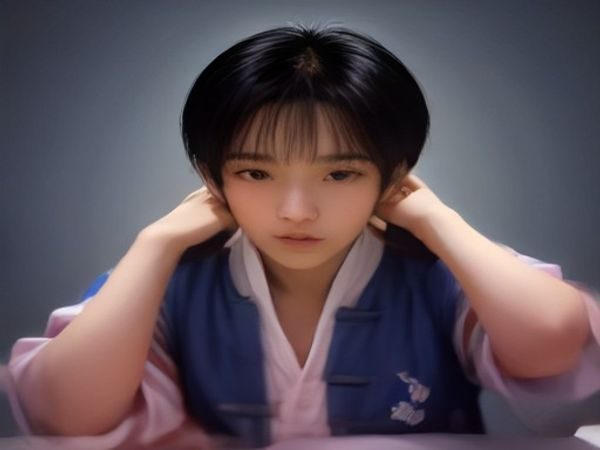 书架前摆放着一台平板电脑，屏幕显示影视剧详情页，柔和的台灯光线，安静的夜晚
